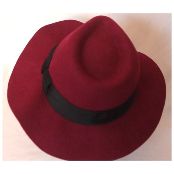 Womens Burgundy Fedora Hat Wide Brim Black Ribbon Band - Picture 6 of 9